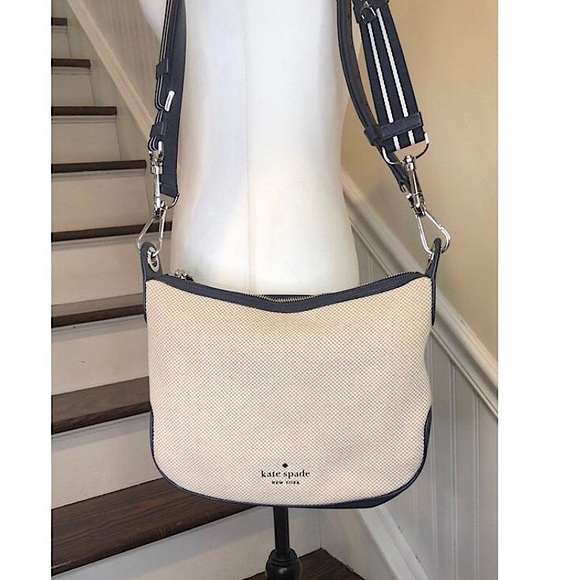 KATE SPADE Navy Leather & Woven Tote Crossbody Shoulder Bag Two Straps Included - Picture 7 of 15